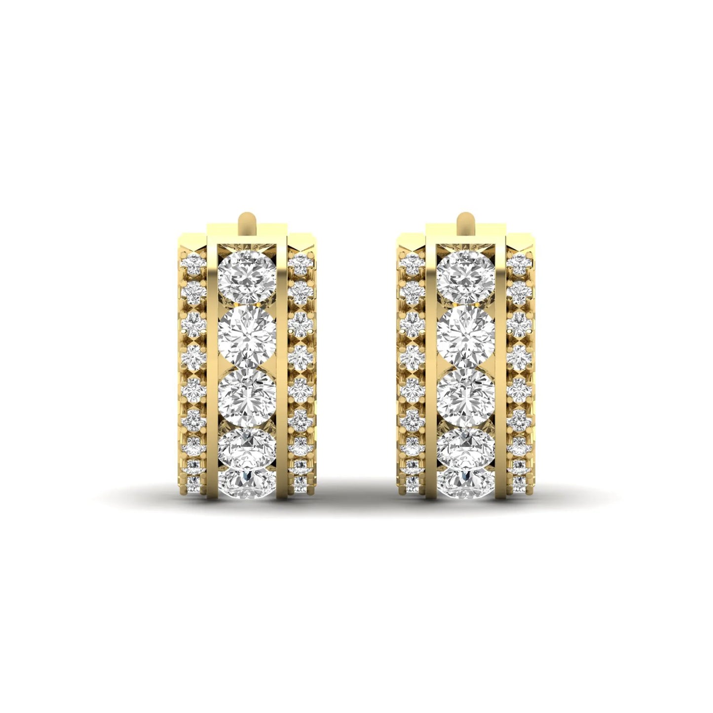 Round cut lab grown diamond multi-row huggie hoop earrings featuring a center row of diamonds with side accent diamonds and a hinged snap closure in a yellow gold tone.