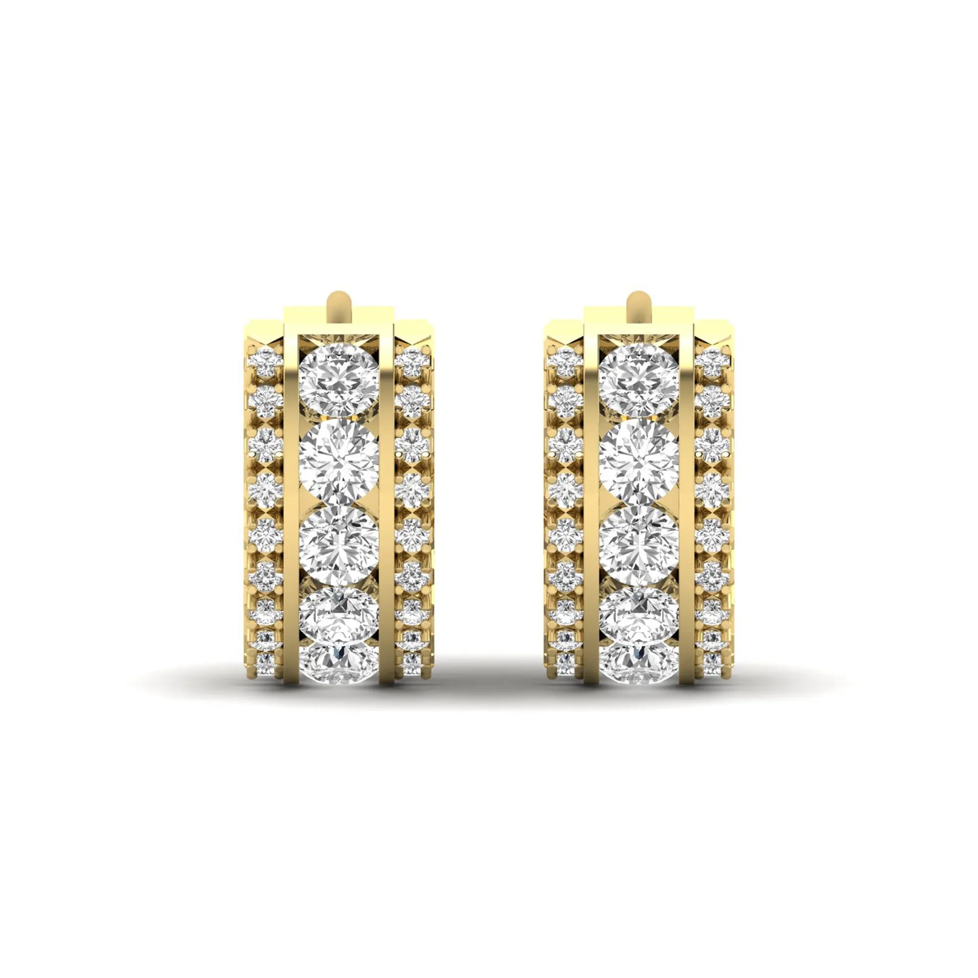 Round cut lab grown diamond multi-row huggie hoop earrings featuring a center row of diamonds with side accent diamonds and a hinged snap closure in a yellow gold tone.