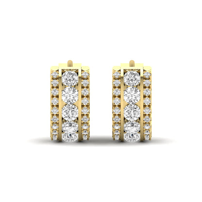 Round cut lab grown diamond multi-row huggie hoop earrings featuring a center row of diamonds with side accent diamonds and a hinged snap closure in a yellow gold tone.