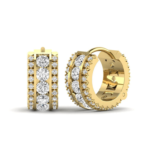 Round cut lab grown diamond multi-row huggie hoop earrings featuring a center row of diamonds with side accent diamonds and a hinged snap closure in a yellow gold tone.
