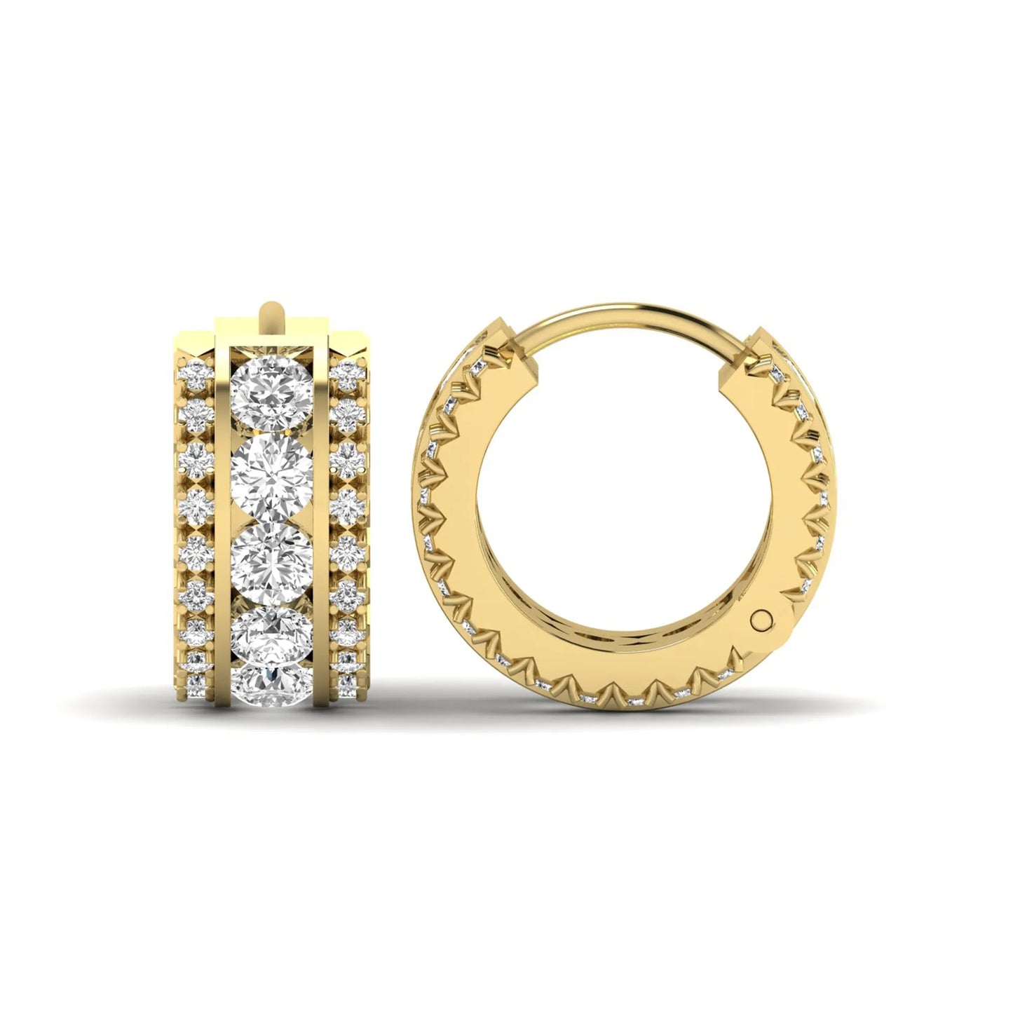 Round cut lab grown diamond multi-row huggie hoop earrings featuring a center row of diamonds with side accent diamonds and a hinged snap closure in a yellow gold tone.