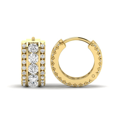 Round cut lab grown diamond multi-row huggie hoop earrings featuring a center row of diamonds with side accent diamonds and a hinged snap closure in a yellow gold tone.