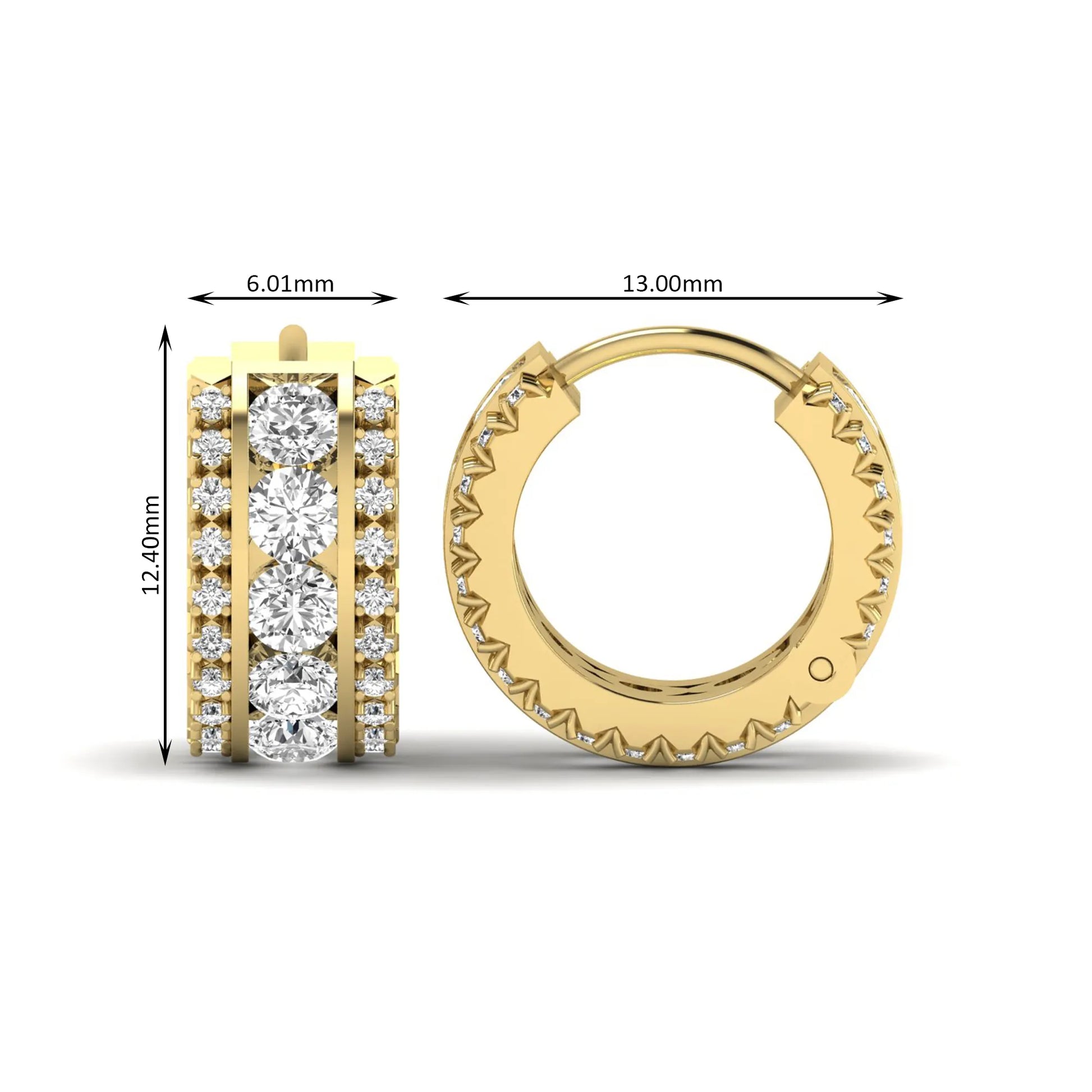 Round cut lab grown diamond multi-row huggie hoop earrings featuring a center row of diamonds with side accent diamonds and a hinged snap closure in a yellow gold tone.