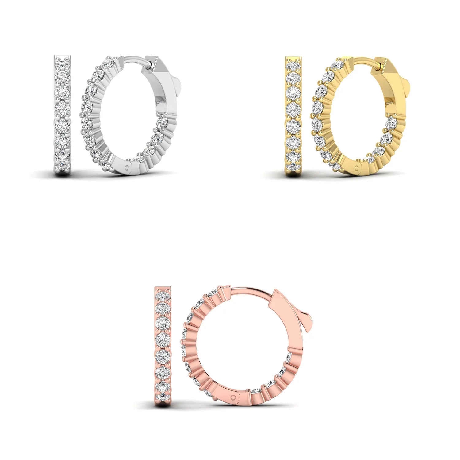 Set of four diamond hoop earrings in different colors on a white background