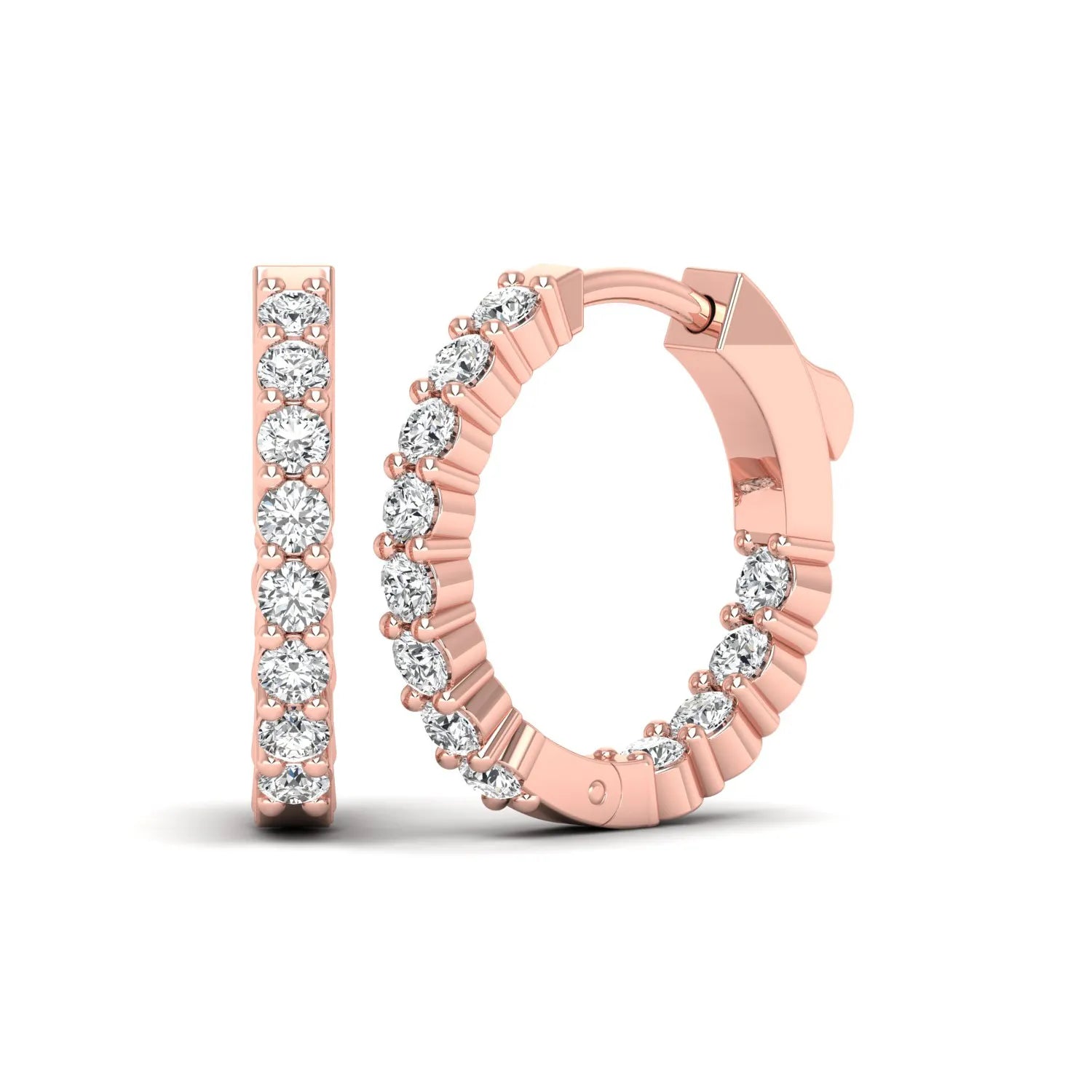 rose gold Round cut lab grown diamond huggie hoop earrings with prong setting and hinged hoop closure