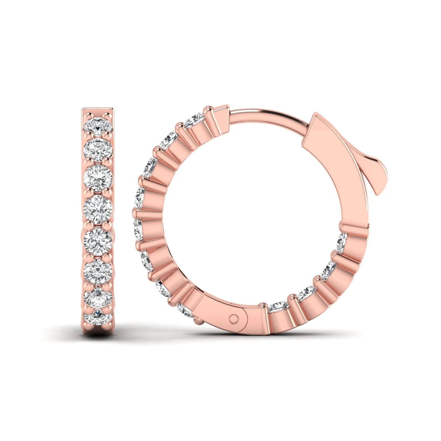 rose gold Round cut lab grown diamond huggie hoop earrings with prong setting and hinged hoop closure