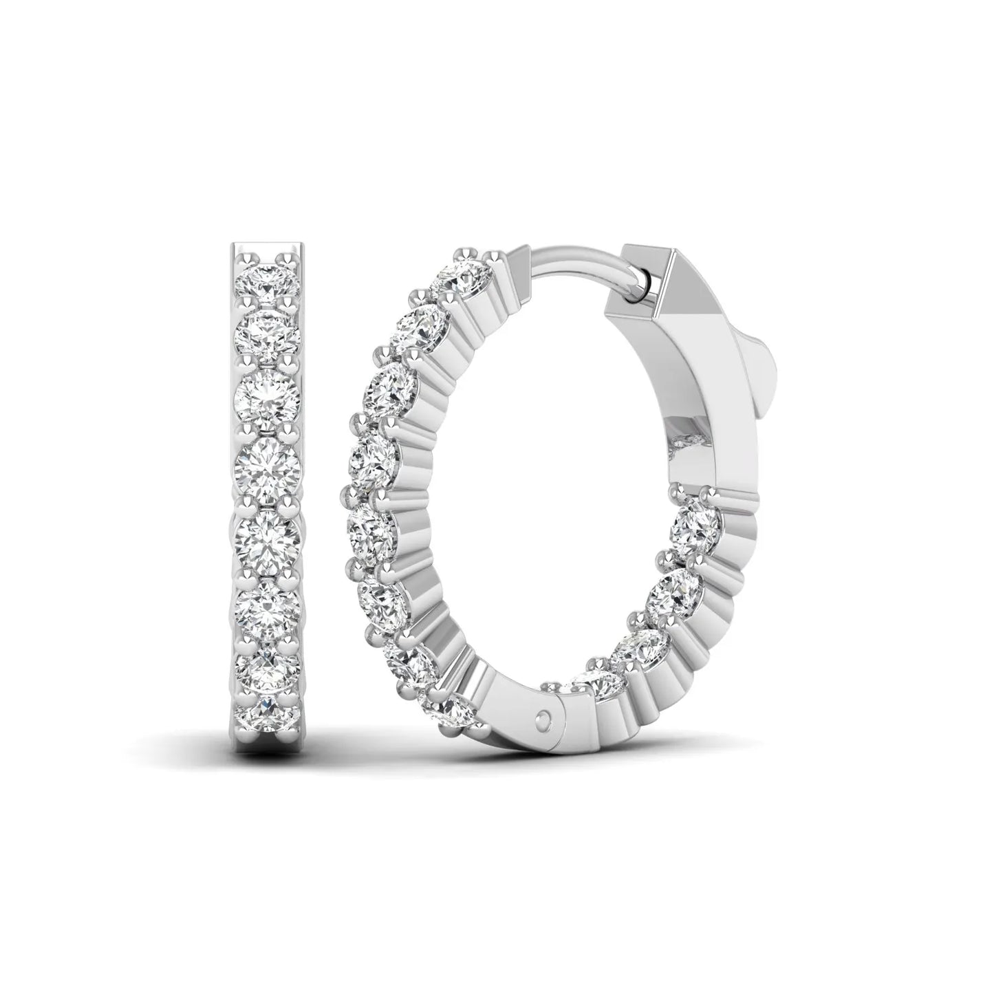 white gold Round cut lab grown diamond huggie hoop earrings with prong setting and hinged hoop closure