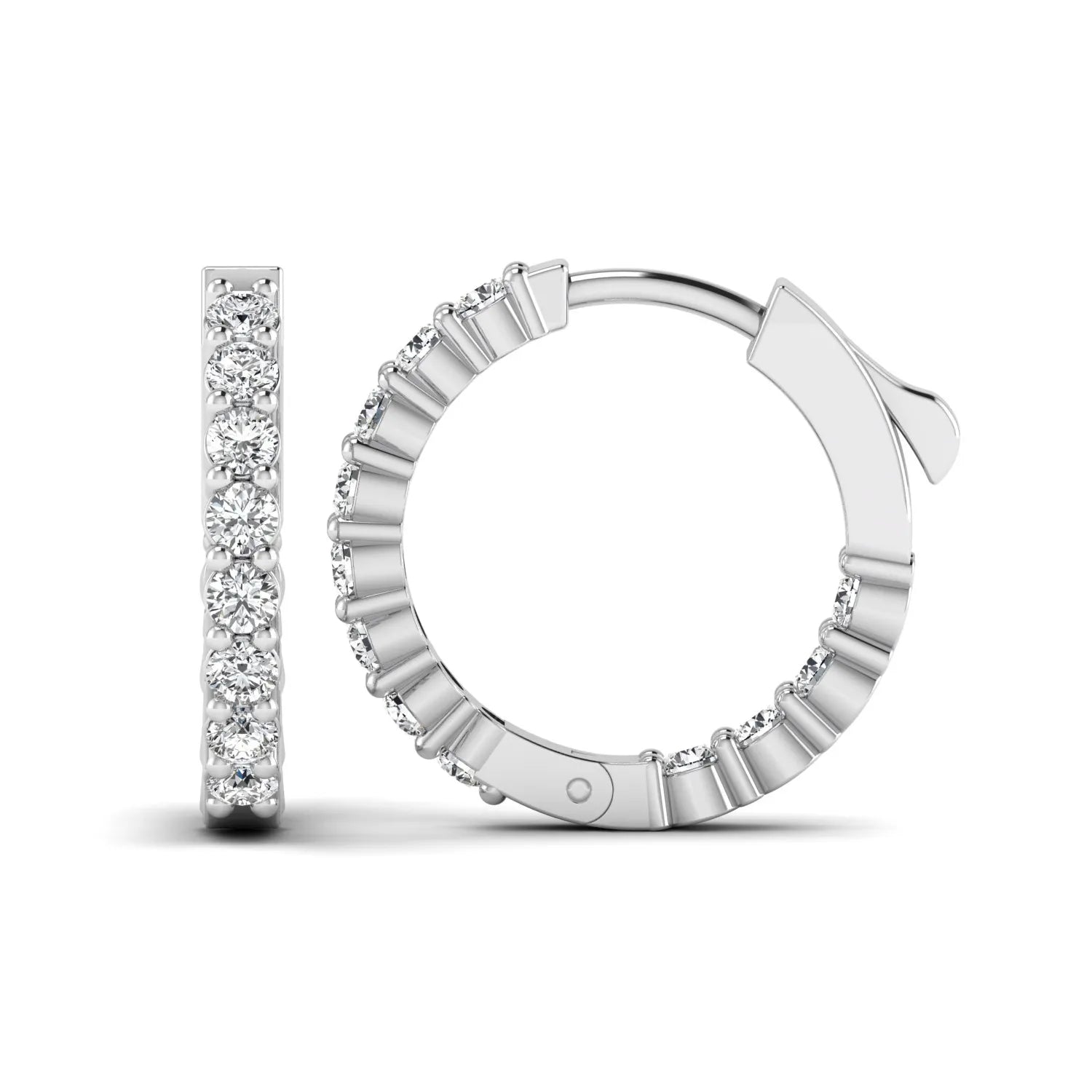 white gold Round cut lab grown diamond huggie hoop earrings with prong setting and hinged hoop closure