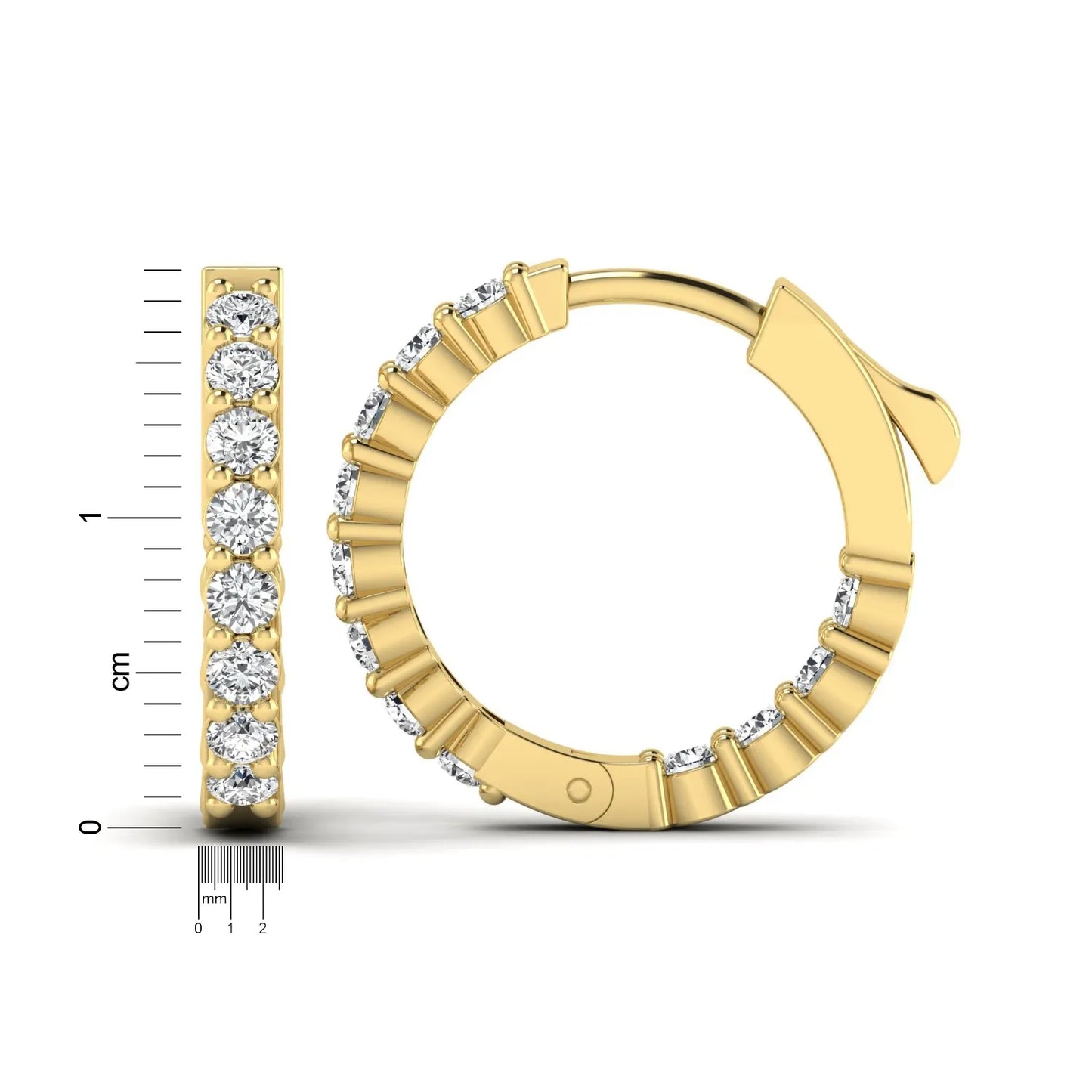 yellow gold Round cut lab grown diamond huggie hoop earrings with prong setting and hinged hoop closure