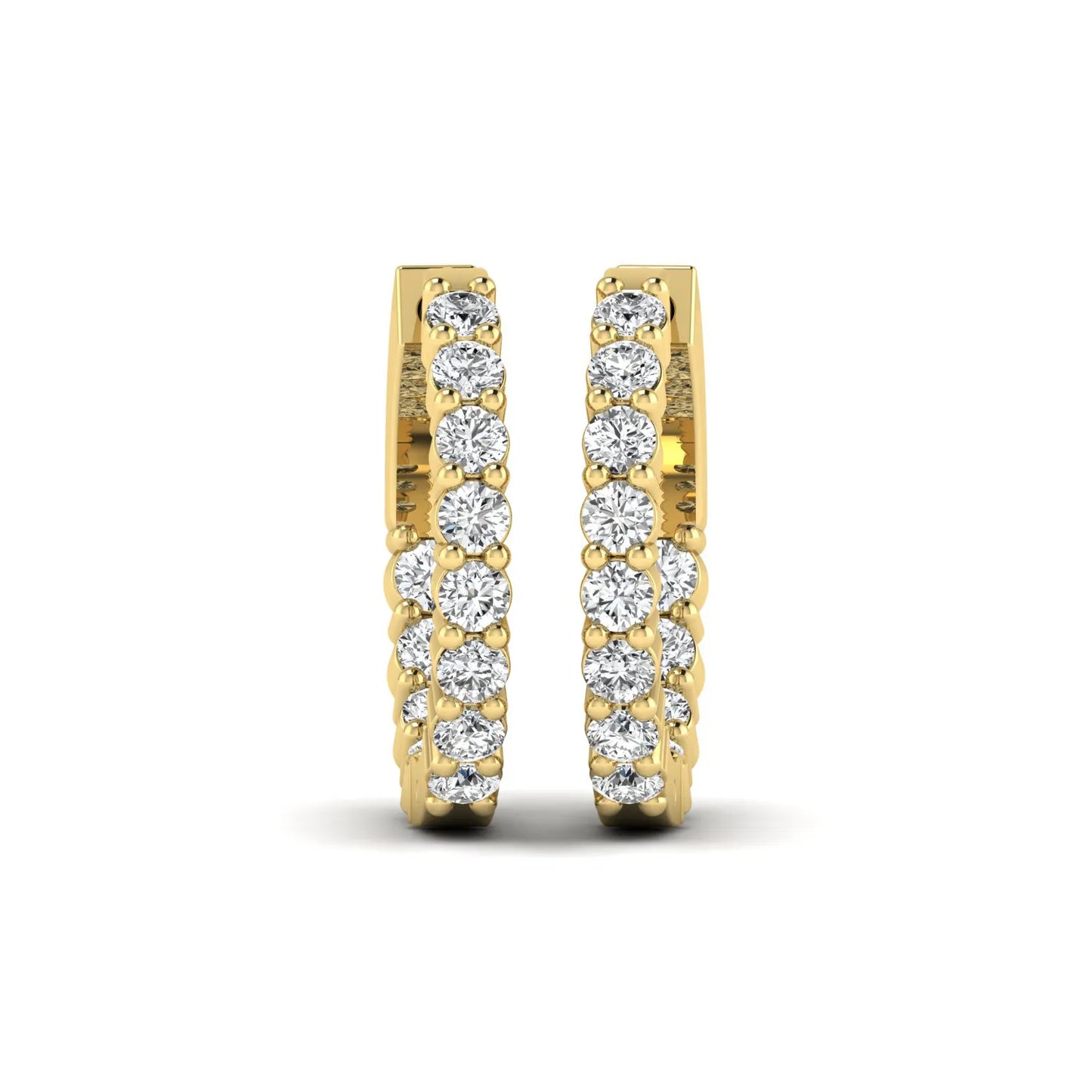 yellow gold Round cut lab grown diamond huggie hoop earrings with prong setting and hinged hoop closure