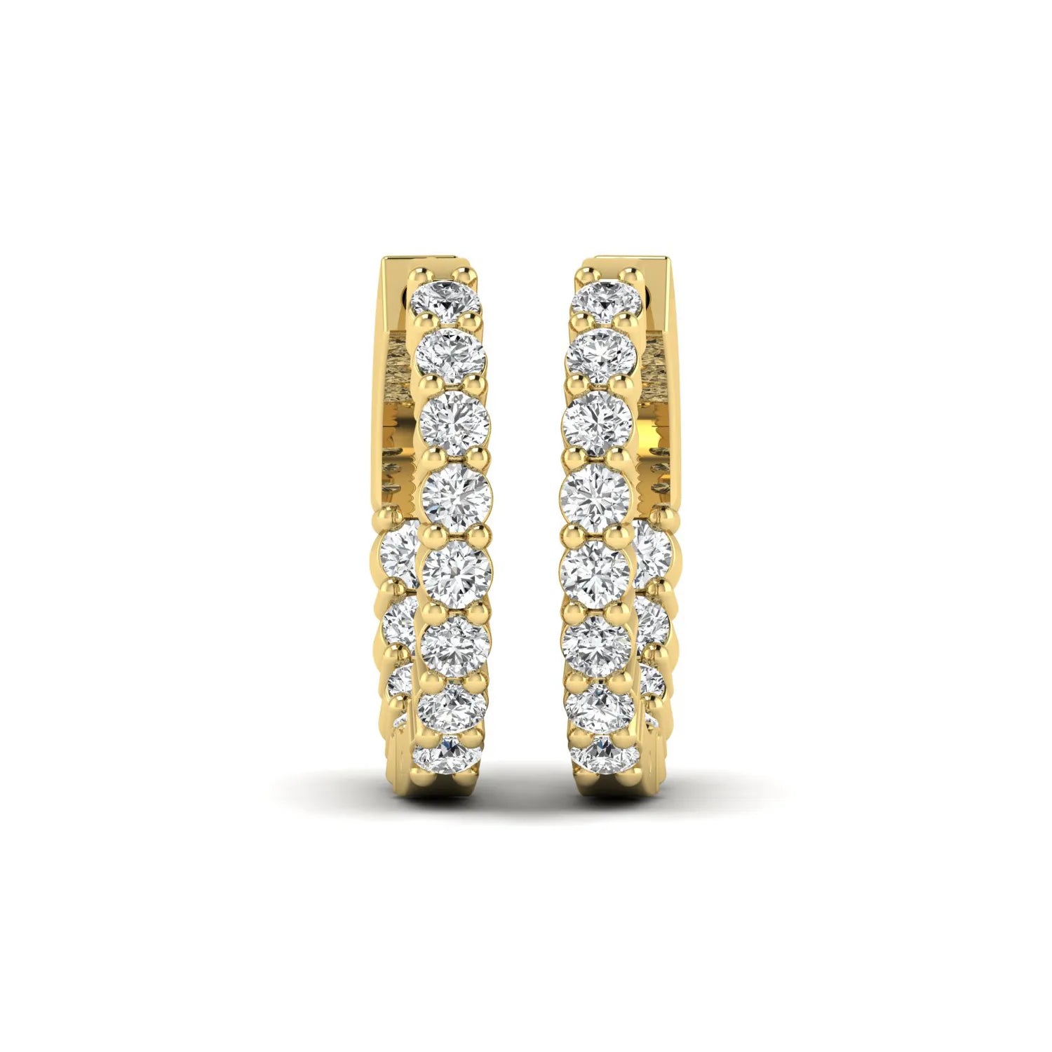 yellow gold Round cut lab grown diamond huggie hoop earrings with prong setting and hinged hoop closure