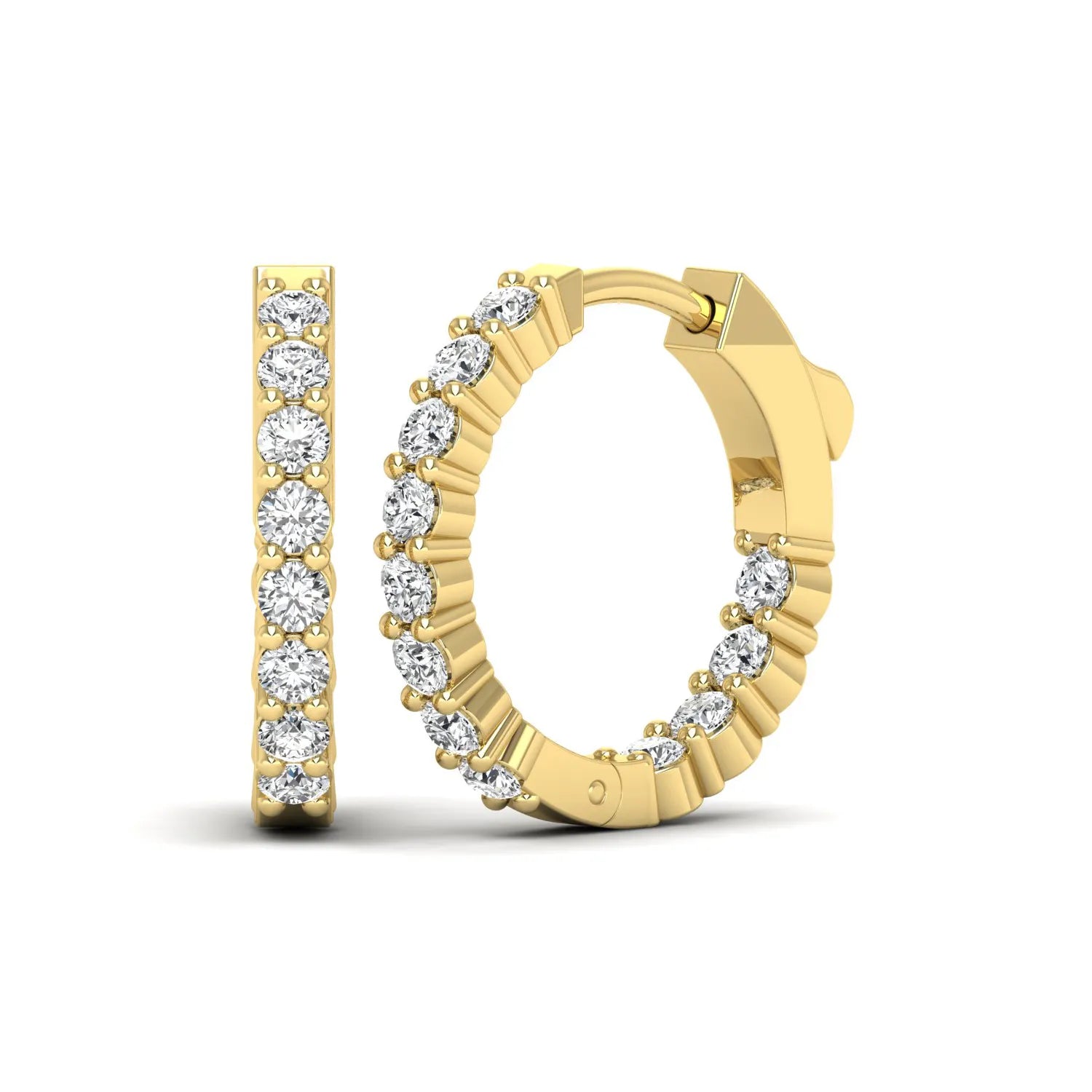 yellow gold Round cut lab grown diamond huggie hoop earrings with prong setting and hinged hoop closure