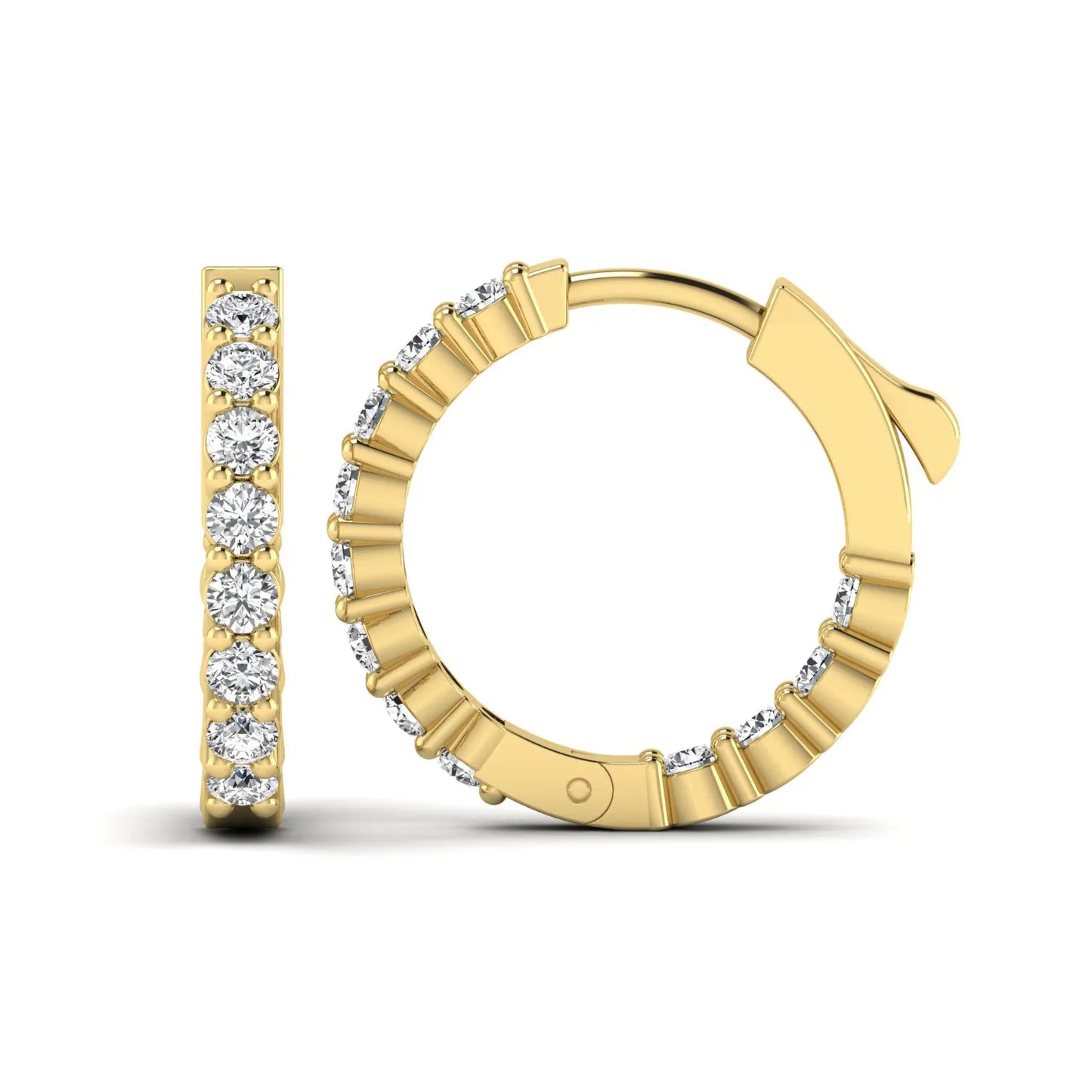 yellow gold Round cut lab grown diamond huggie hoop earrings with prong setting and hinged hoop closure