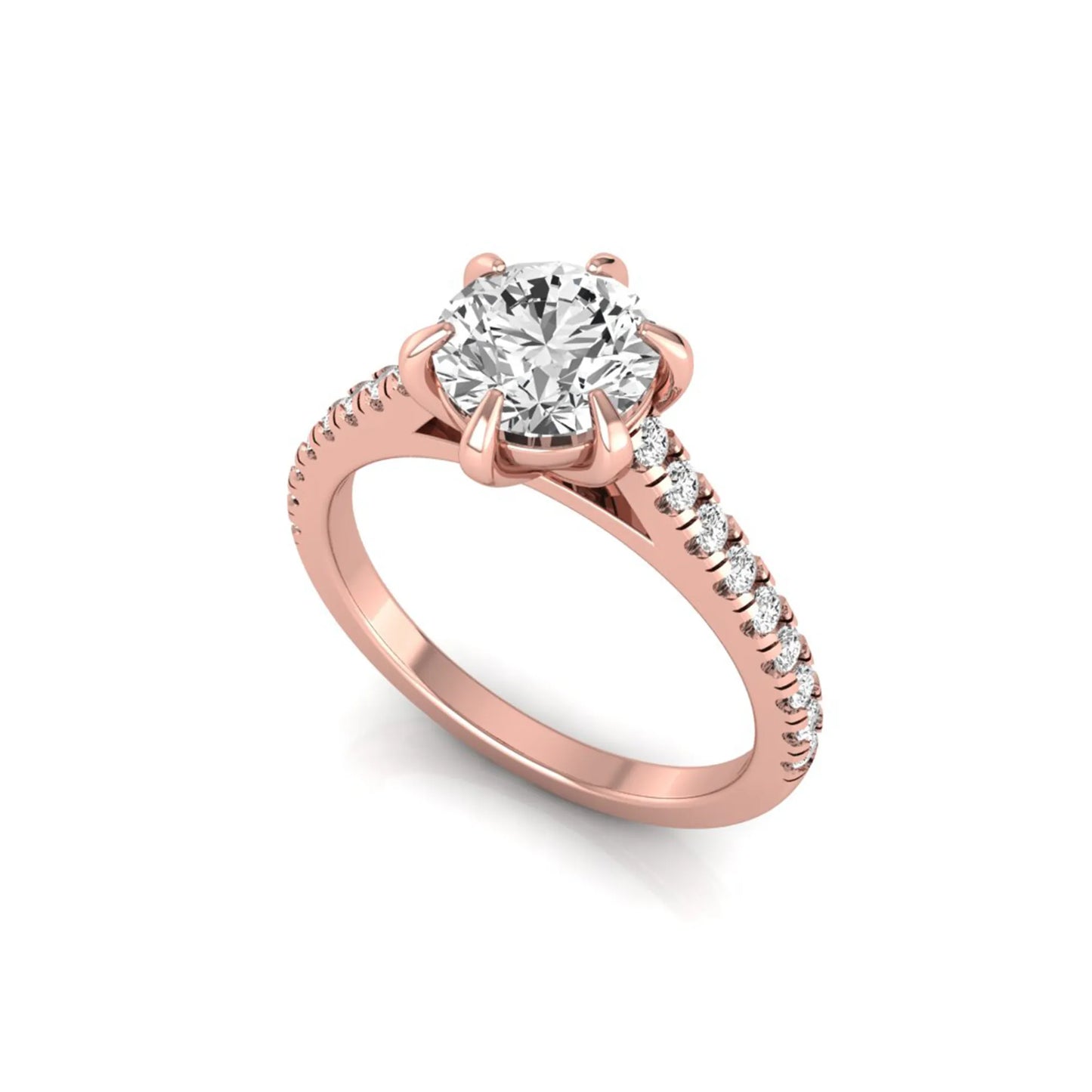 Round cut lab grown diamond pavé engagement ring featuring a 1.28 carat IGI certified center diamond with round diamond accented band in rose gold.