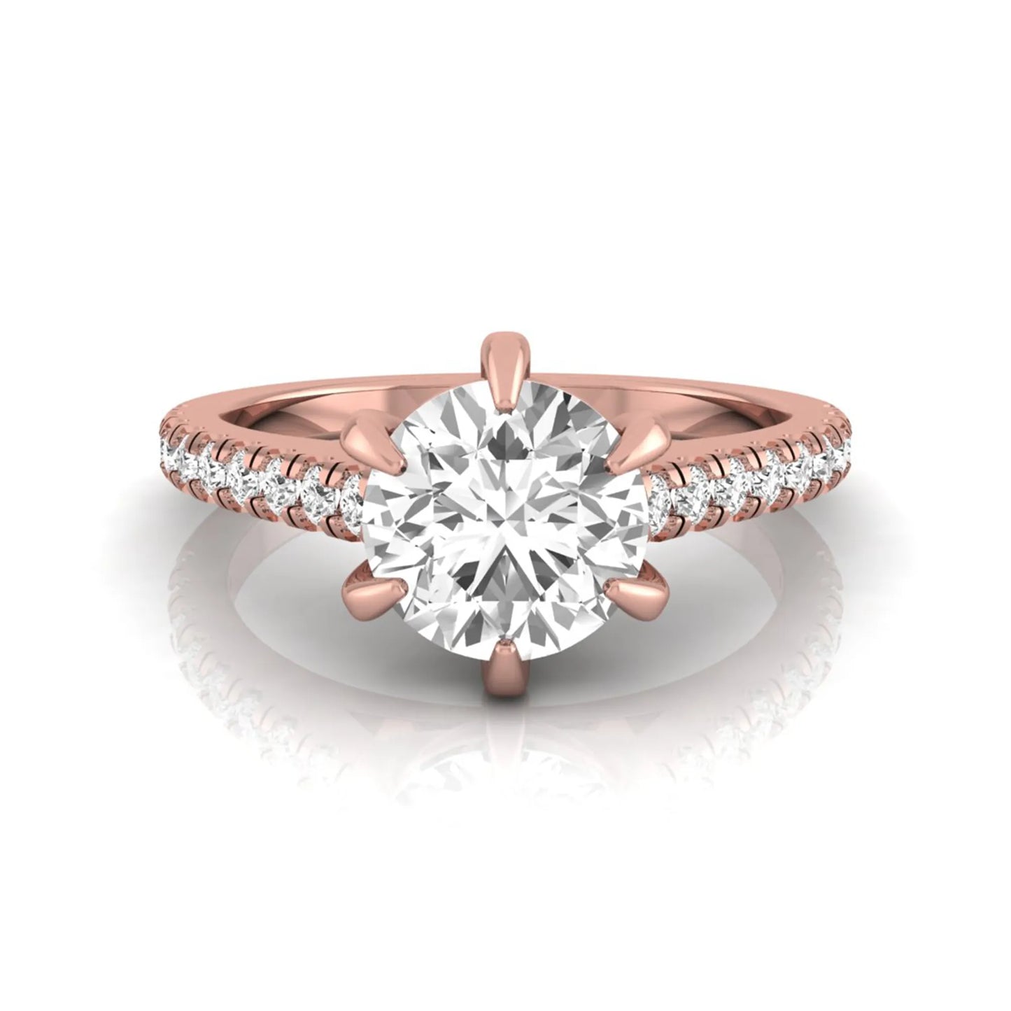 Round cut lab grown diamond pavé engagement ring featuring a 1.28 carat IGI certified center diamond with round diamond accented band in rose gold.