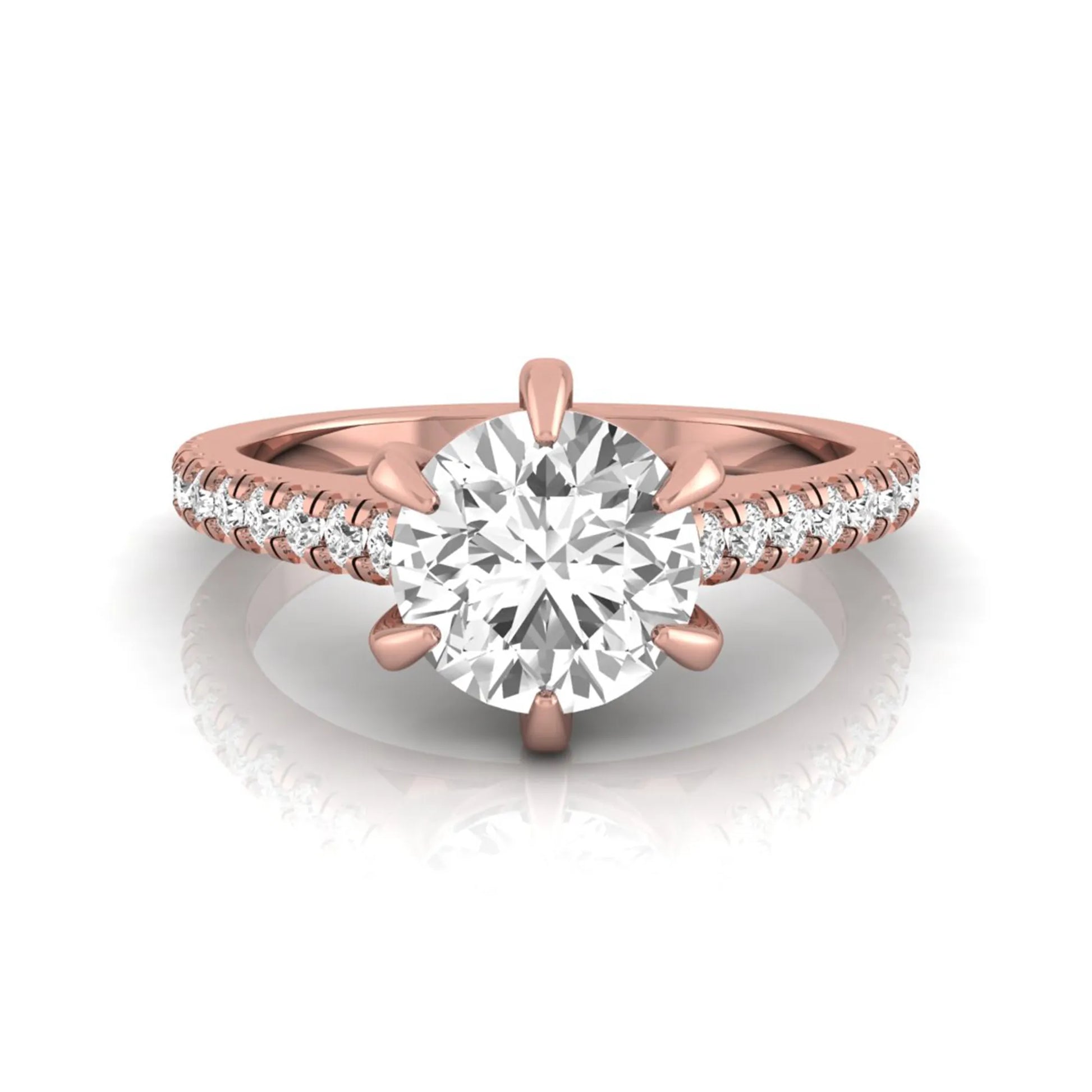 Round cut lab grown diamond pavé engagement ring featuring a 1.28 carat IGI certified center diamond with round diamond accented band in rose gold.