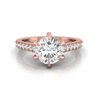 Round cut lab grown diamond pavé engagement ring featuring a 1.28 carat IGI certified center diamond with round diamond accented band in rose gold.