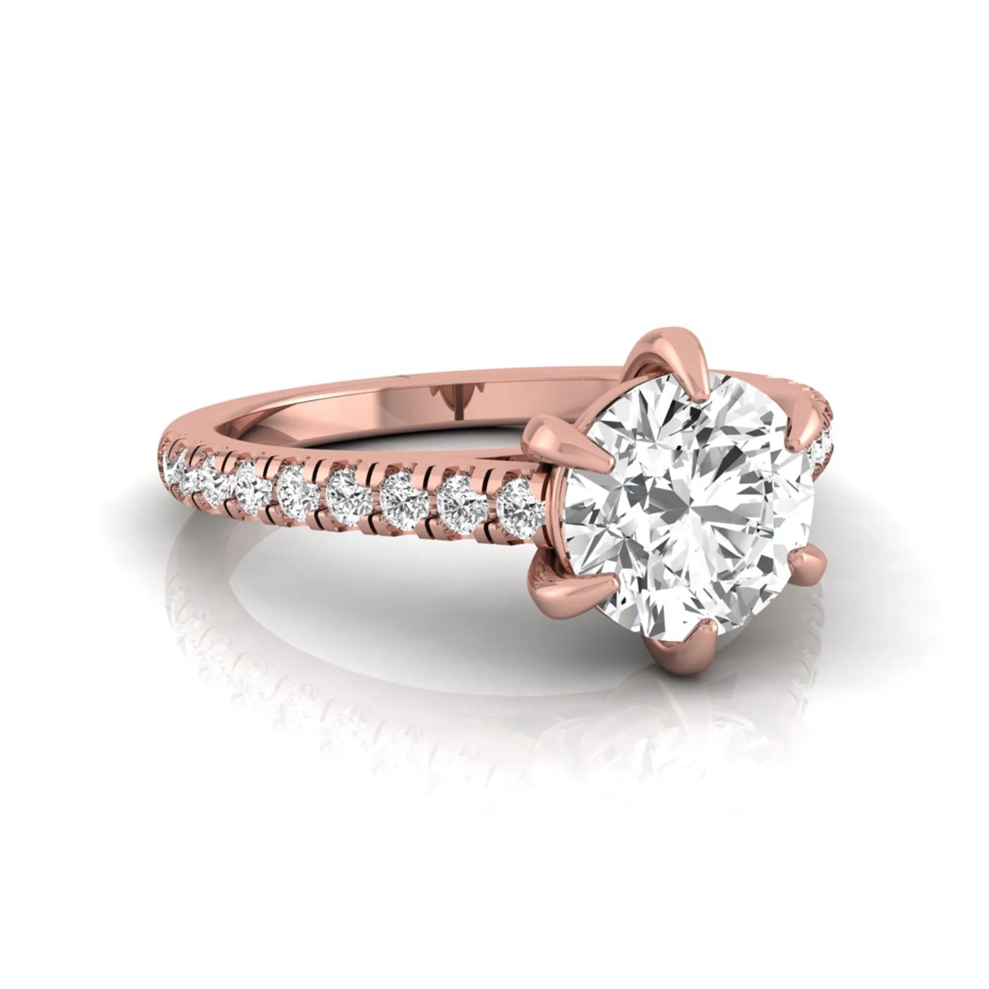 Round cut lab grown diamond pavé engagement ring featuring a 1.28 carat IGI certified center diamond with round diamond accented band in rose gold.