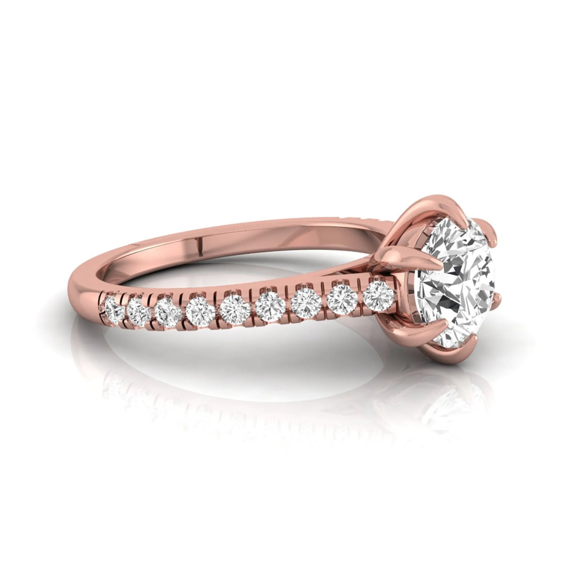 Round cut lab grown diamond pavé engagement ring featuring a 1.28 carat IGI certified center diamond with round diamond accented band in rose gold.