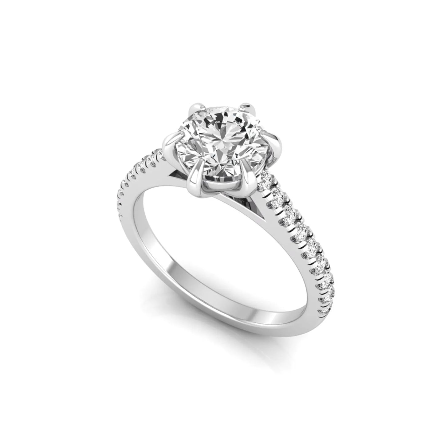 Round cut lab grown diamond pavé engagement ring featuring a 1.28 carat IGI certified center diamond with round diamond accented band in white gold.