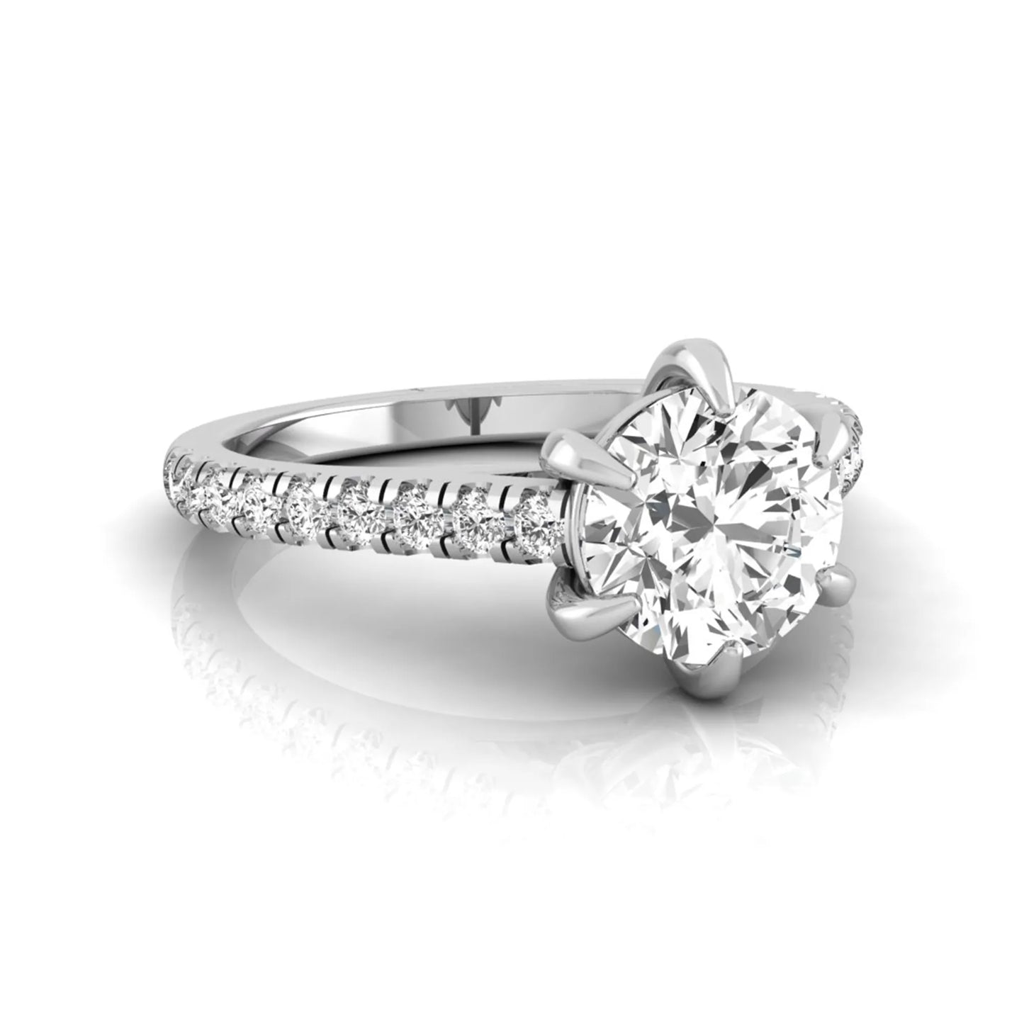 Round cut lab grown diamond pavé engagement ring featuring a 1.28 carat IGI certified center diamond with round diamond accented band in white gold.