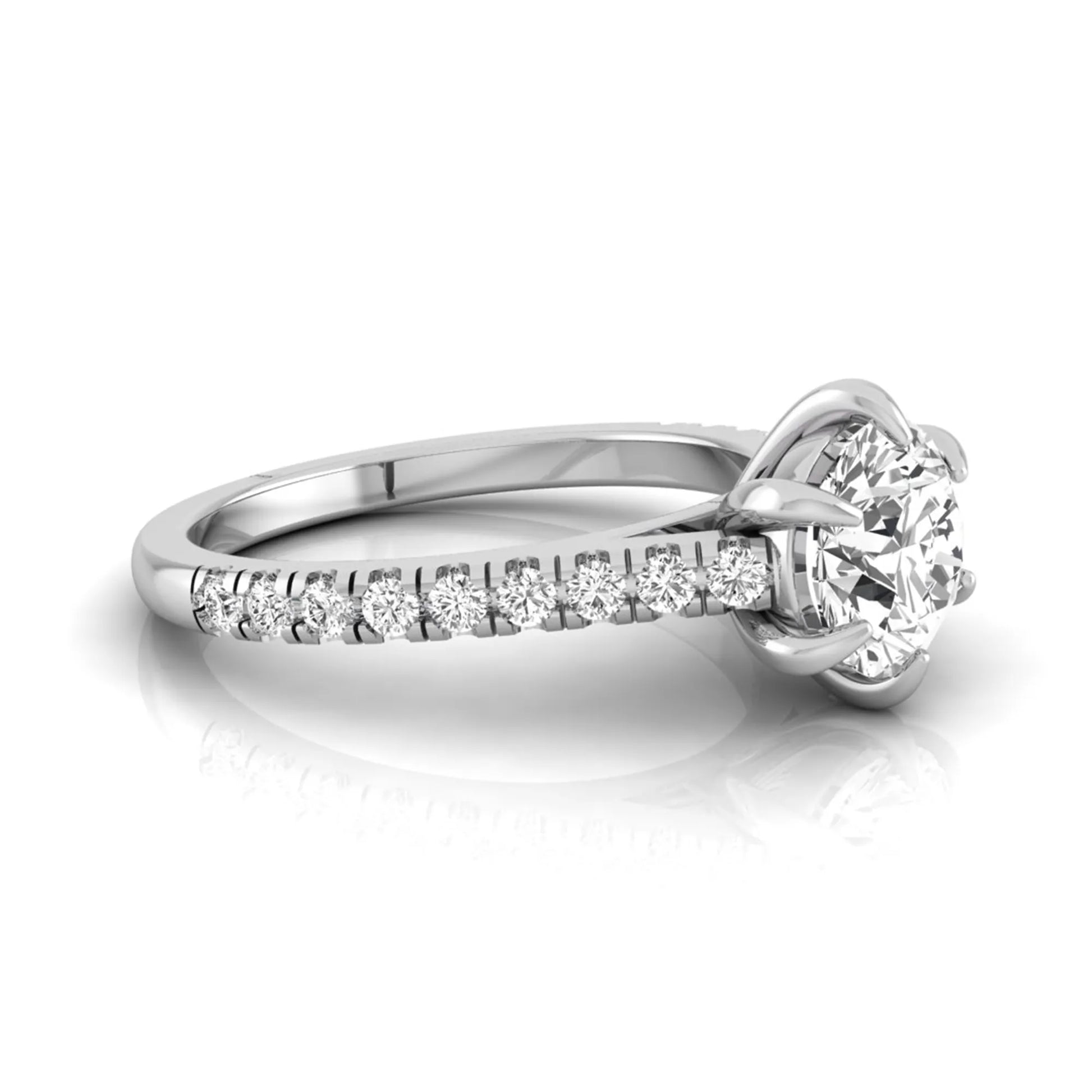 Round cut lab grown diamond pavé engagement ring featuring a 1.28 carat IGI certified center diamond with round diamond accented band in white gold.