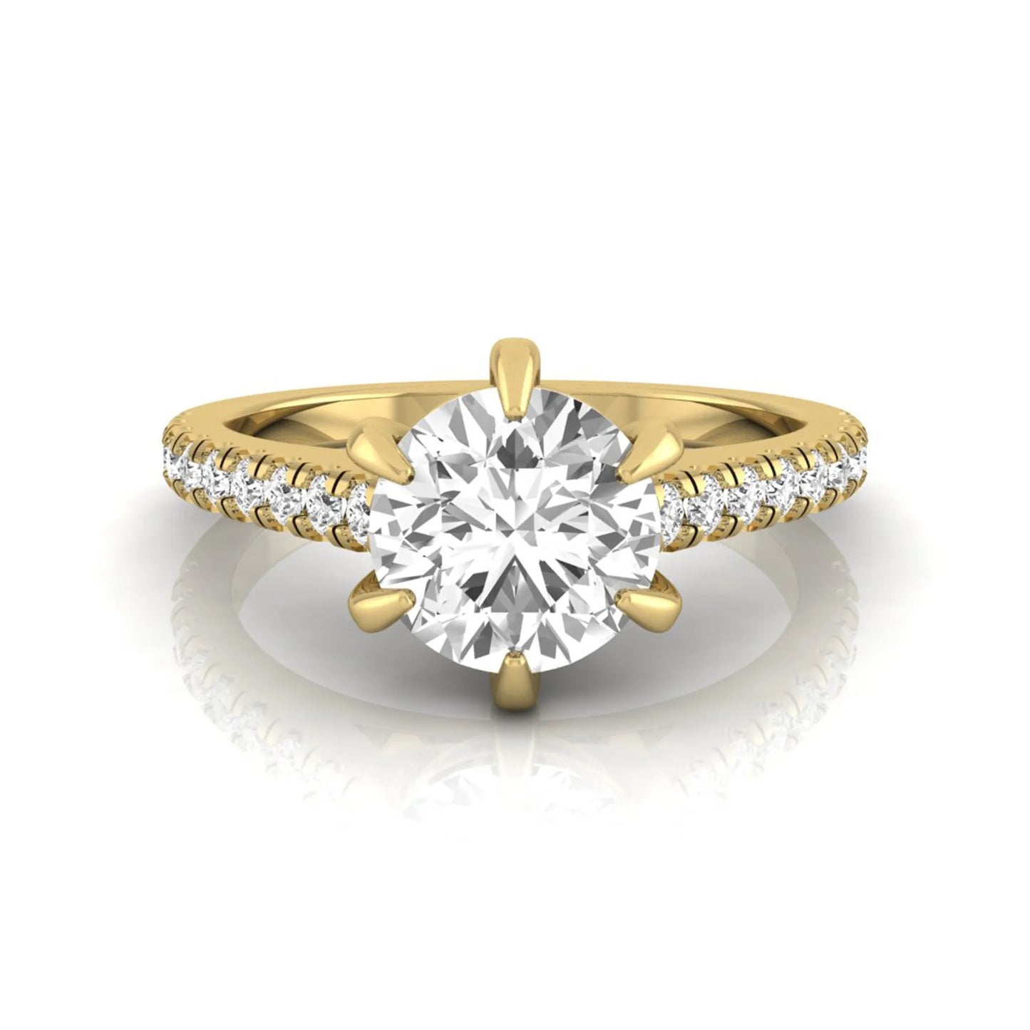 Round cut lab grown diamond pavé engagement ring featuring a 1.28 carat IGI certified center diamond with round diamond accented band in yellow gold.