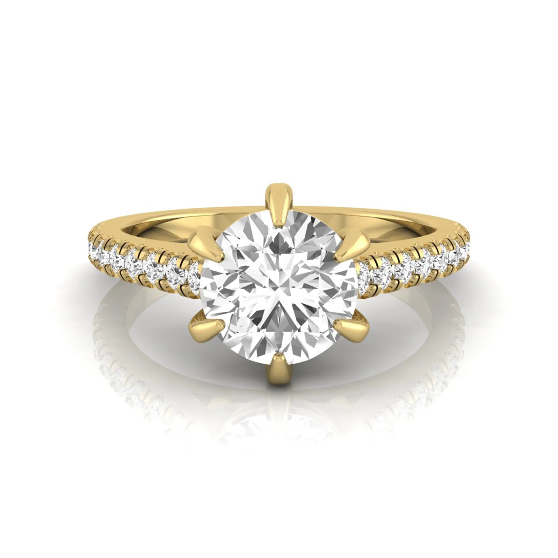 Round cut lab grown diamond pavé engagement ring featuring a 1.28 carat IGI certified center diamond with round diamond accented band in yellow gold.