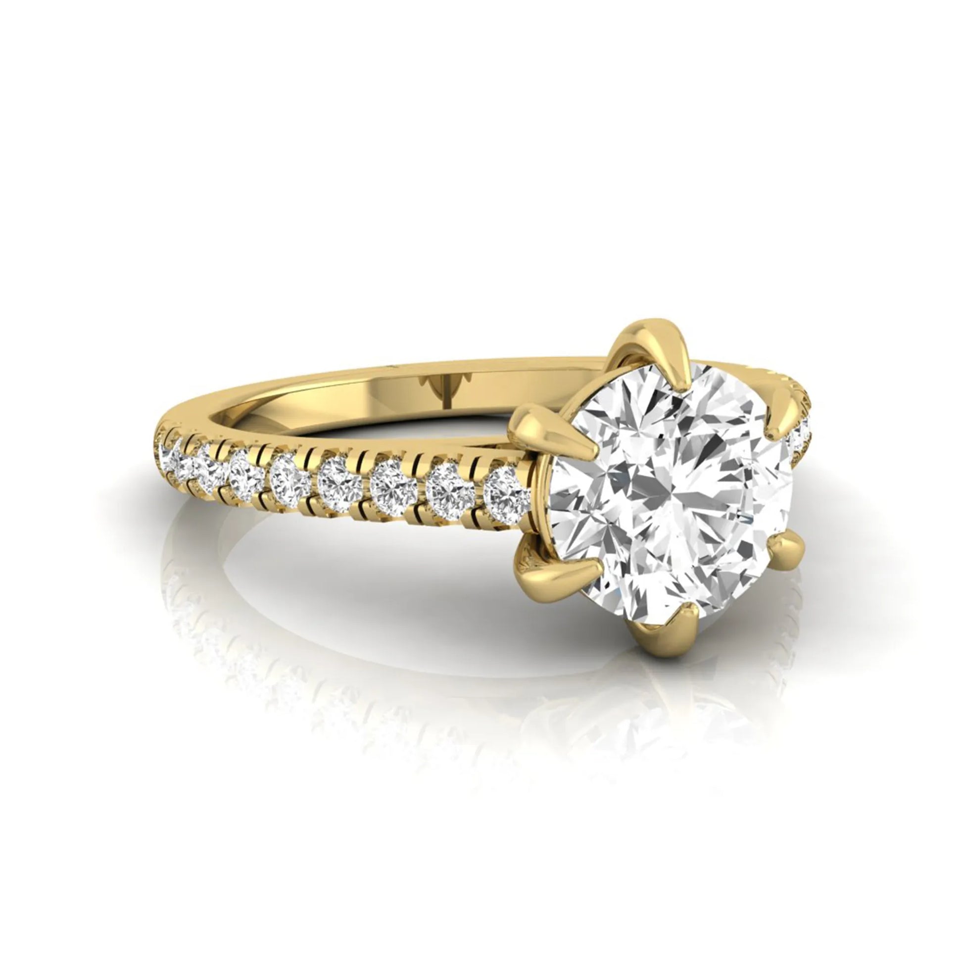 Round cut lab grown diamond pavé engagement ring featuring a 1.28 carat IGI certified center diamond with round diamond accented band in yellow gold.