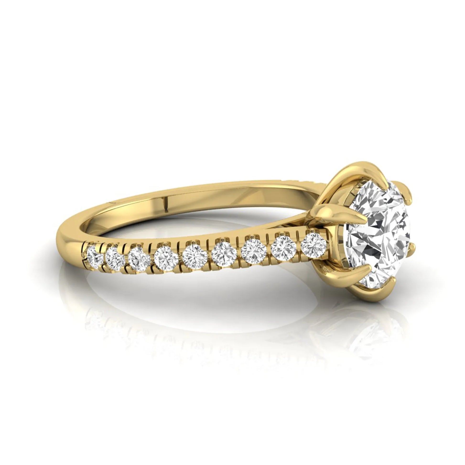 Round cut lab grown diamond pavé engagement ring featuring a 1.28 carat IGI certified center diamond with round diamond accented band in yellow gold.