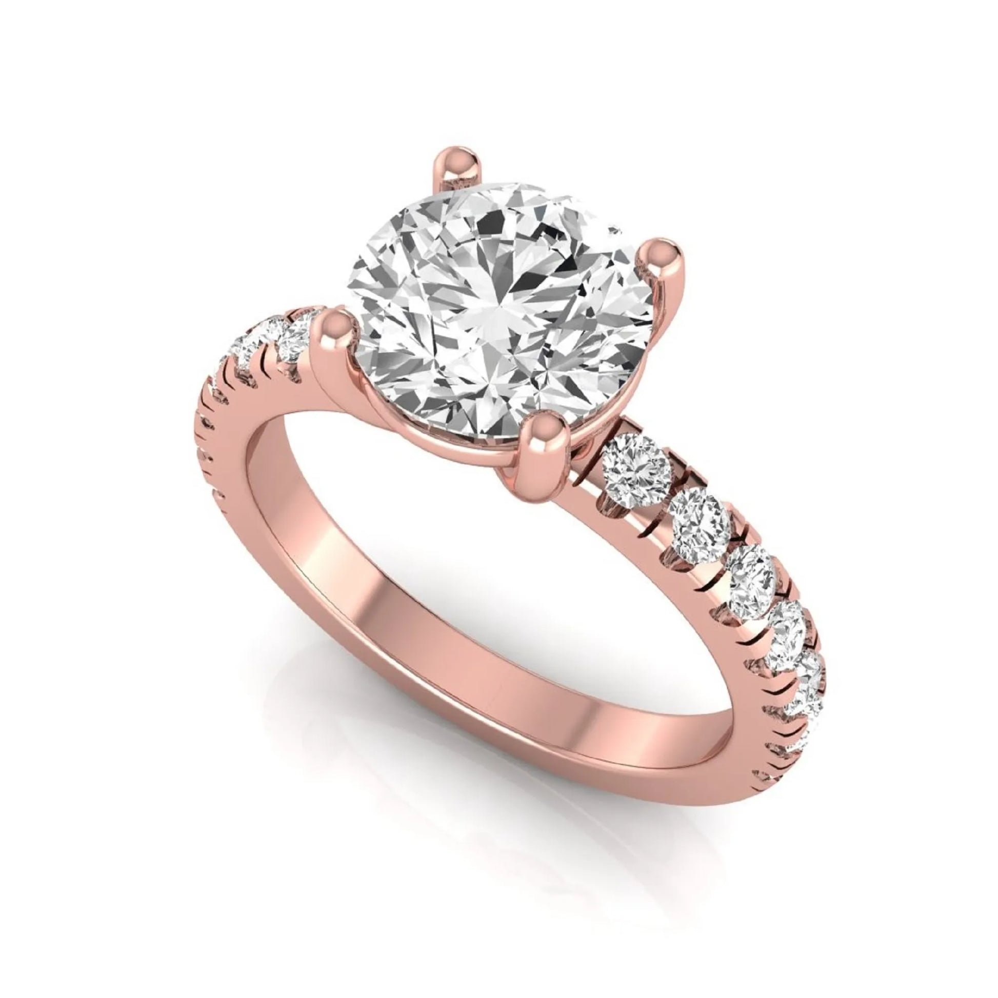 Round lab grown diamond pavé engagement ring featuring a 2.04 carat IGI certified round brilliant center diamond with round pavé side diamonds in rose gold.