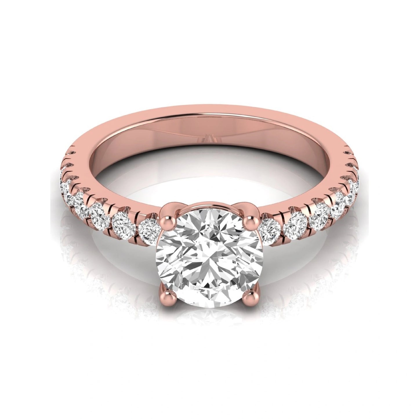Round lab grown diamond pavé engagement ring featuring a 2.04 carat IGI certified round brilliant center diamond with round pavé side diamonds in rose gold.