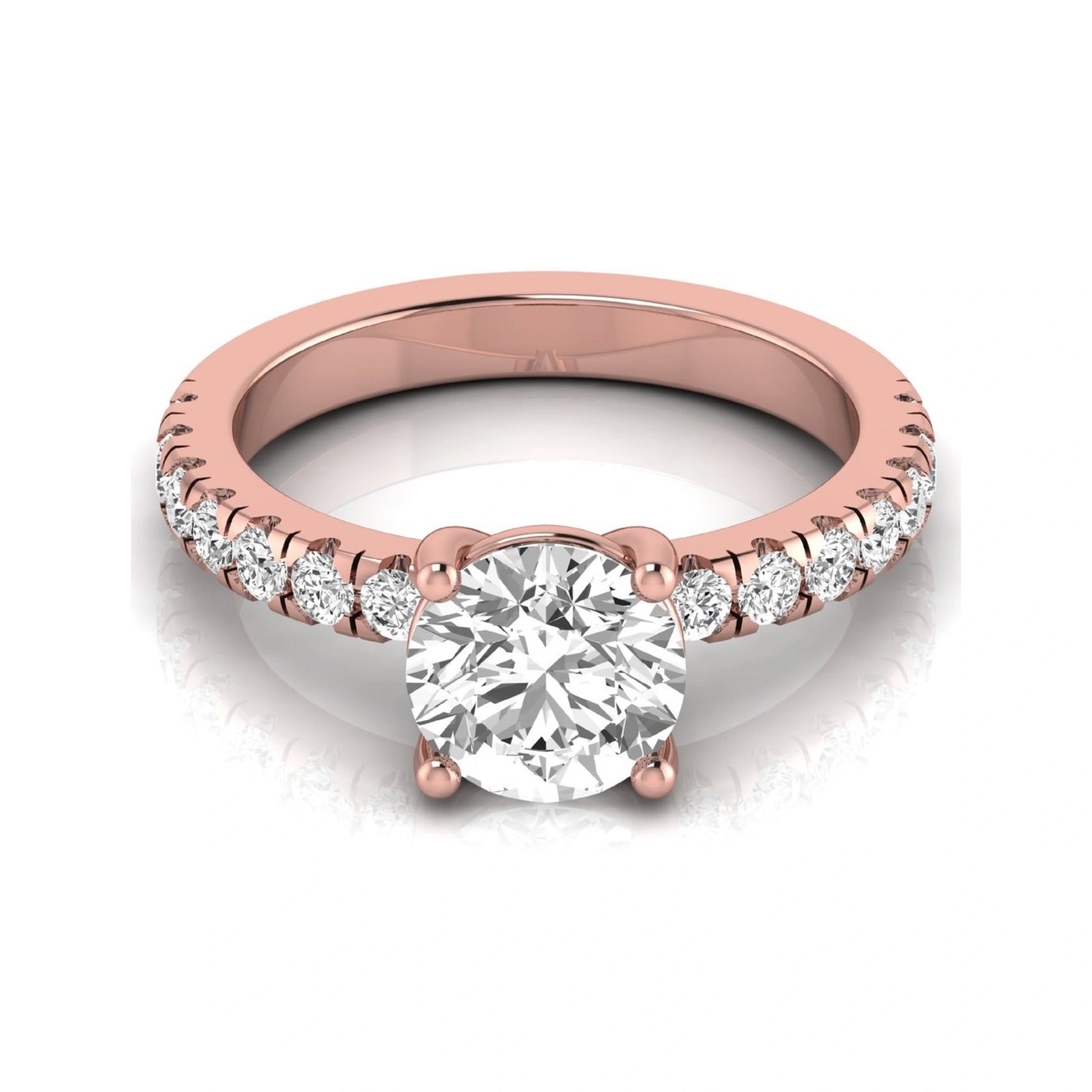 Round lab grown diamond pavé engagement ring featuring a 2.04 carat IGI certified round brilliant center diamond with round pavé side diamonds in rose gold.