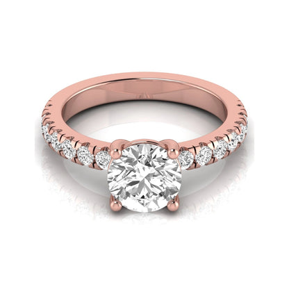 Round lab grown diamond pavé engagement ring featuring a 2.04 carat IGI certified round brilliant center diamond with round pavé side diamonds in rose gold.
