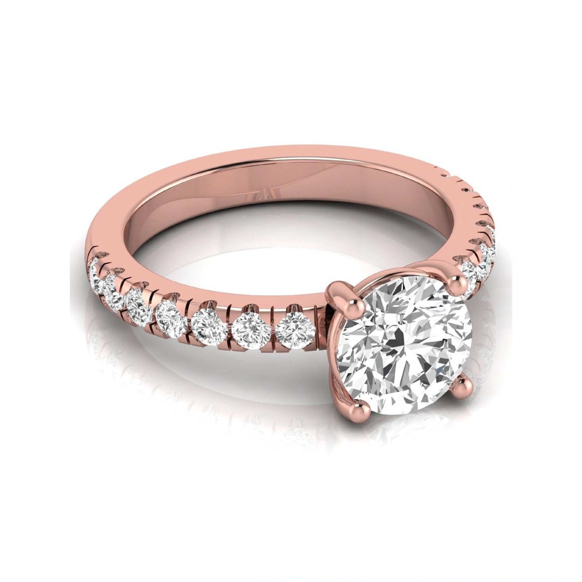 Round lab grown diamond pavé engagement ring featuring a 2.04 carat IGI certified round brilliant center diamond with round pavé side diamonds in rose gold.
