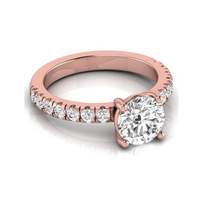 Round lab grown diamond pavé engagement ring featuring a 2.04 carat IGI certified round brilliant center diamond with round pavé side diamonds in rose gold.