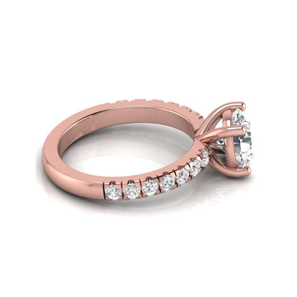 Round lab grown diamond pavé engagement ring featuring a 2.04 carat IGI certified round brilliant center diamond with round pavé side diamonds in rose gold.