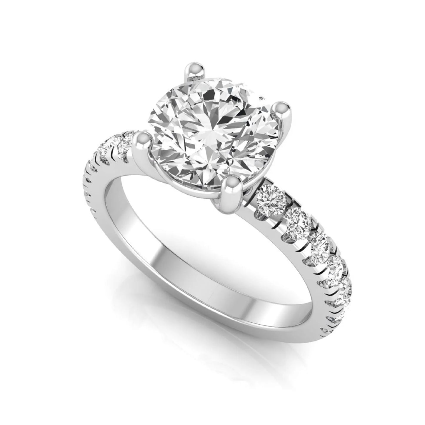 Round lab grown diamond pavé engagement ring featuring a 2.04 carat IGI certified round brilliant center diamond with round pavé side diamonds in white gold.