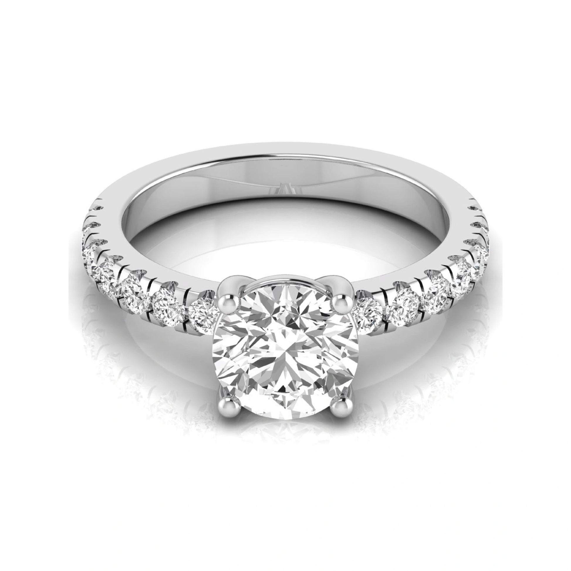 Round lab grown diamond pavé engagement ring featuring a 2.04 carat IGI certified round brilliant center diamond with round pavé side diamonds in white gold.