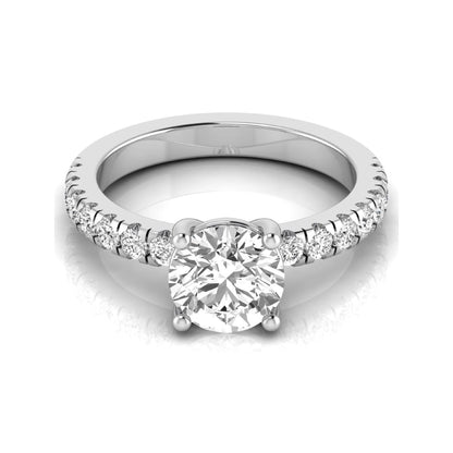 Round lab grown diamond pavé engagement ring featuring a 2.04 carat IGI certified round brilliant center diamond with round pavé side diamonds in white gold.