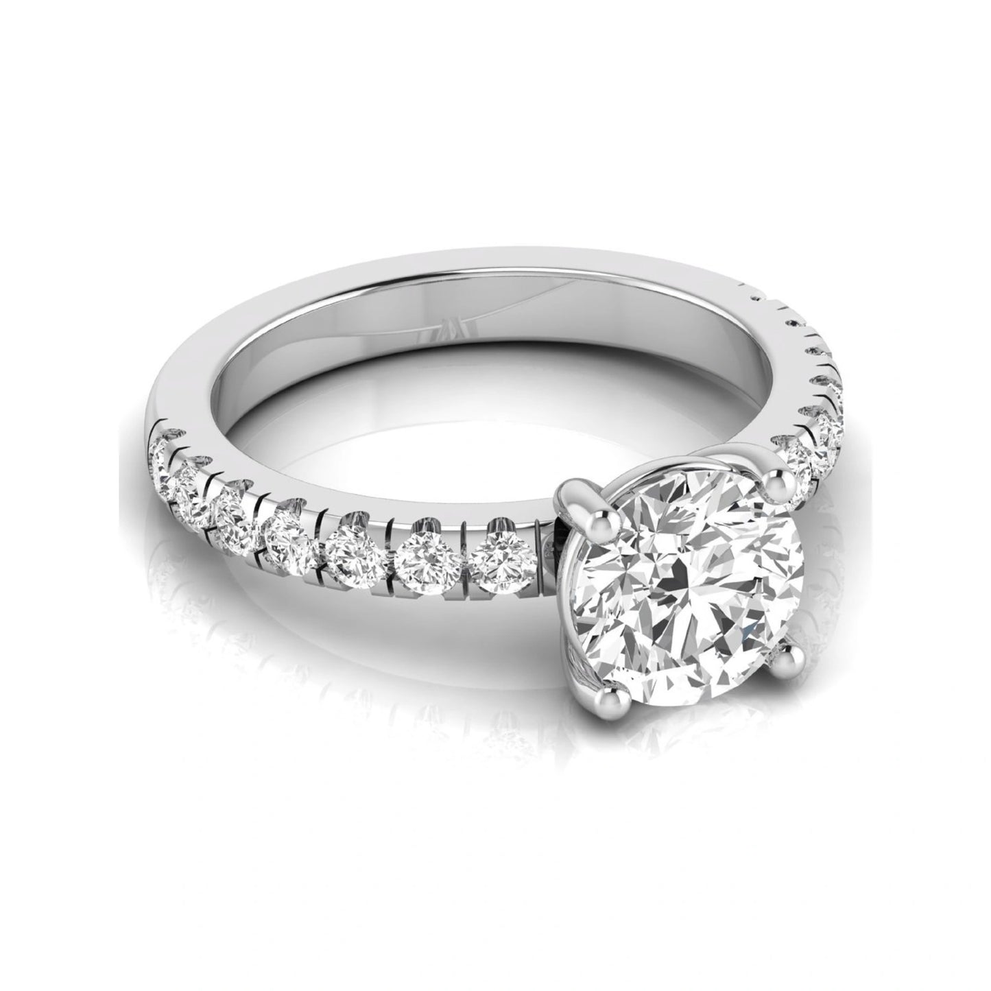 Round lab grown diamond pavé engagement ring featuring a 2.04 carat IGI certified round brilliant center diamond with round pavé side diamonds in white gold.