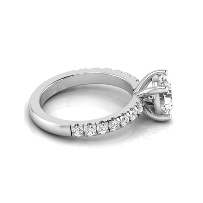 Round lab grown diamond pavé engagement ring featuring a 2.04 carat IGI certified round brilliant center diamond with round pavé side diamonds in white gold.