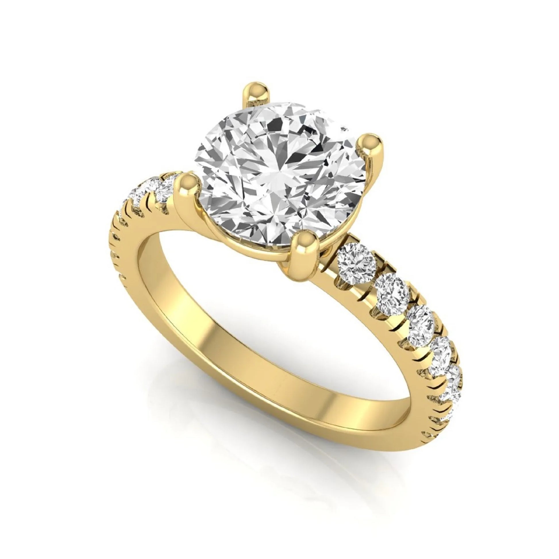 Round lab grown diamond pavé engagement ring featuring a 2.04 carat IGI certified round brilliant center diamond with round pavé side diamonds in yellow gold.