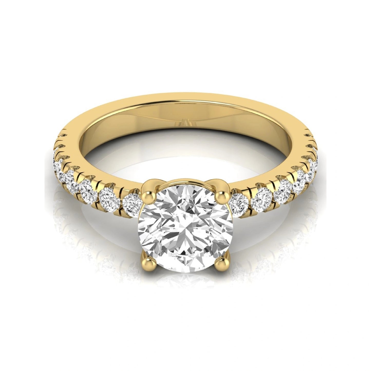 Round lab grown diamond pavé engagement ring featuring a 2.04 carat IGI certified round brilliant center diamond with round pavé side diamonds in yellow gold.