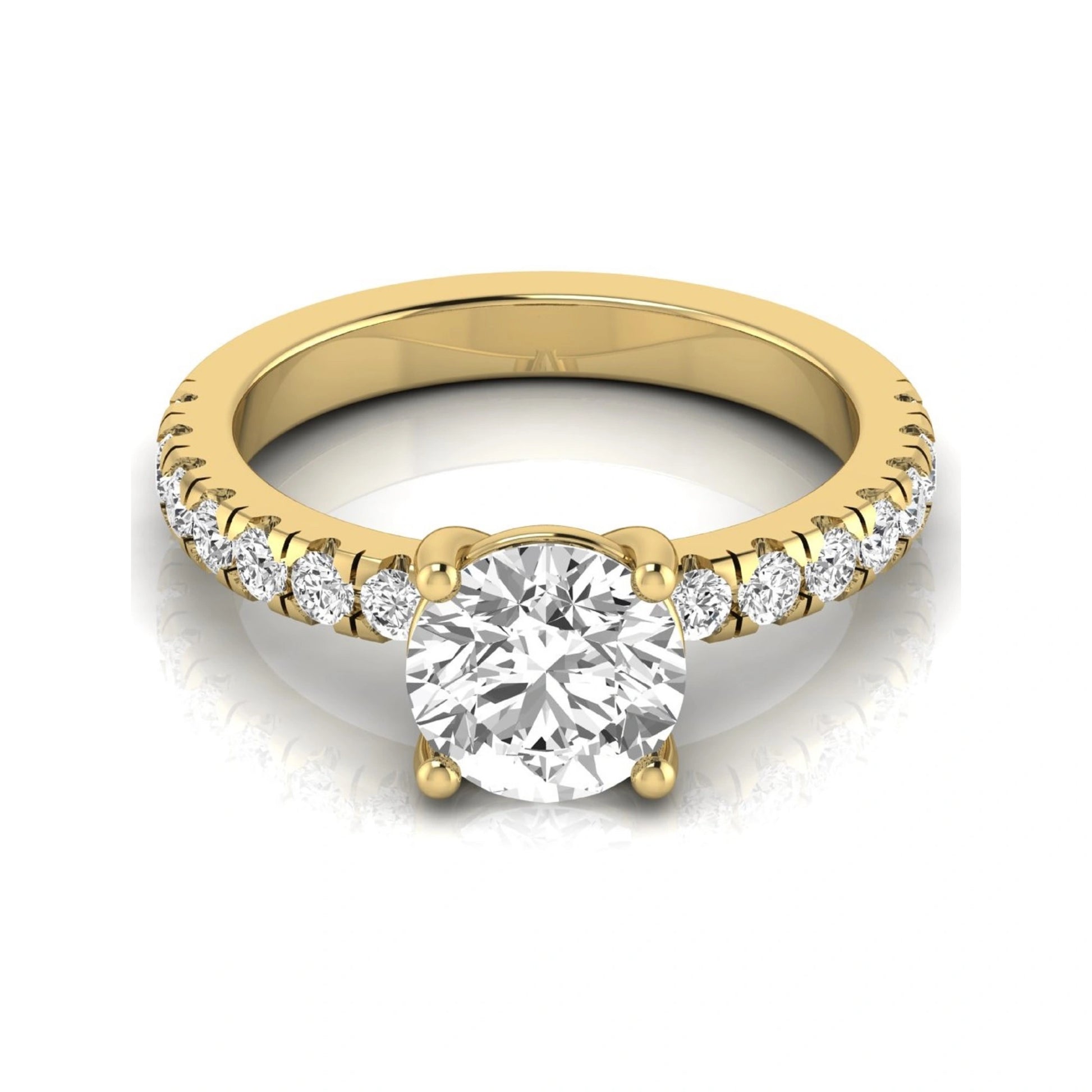 Round lab grown diamond pavé engagement ring featuring a 2.04 carat IGI certified round brilliant center diamond with round pavé side diamonds in yellow gold.