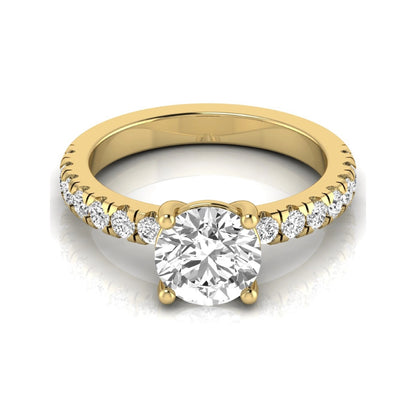 Round lab grown diamond pavé engagement ring featuring a 2.04 carat IGI certified round brilliant center diamond with round pavé side diamonds in yellow gold.