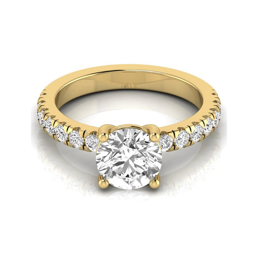 Round lab grown diamond pavé engagement ring featuring a 2.04 carat IGI certified round brilliant center diamond with round pavé side diamonds in yellow gold.