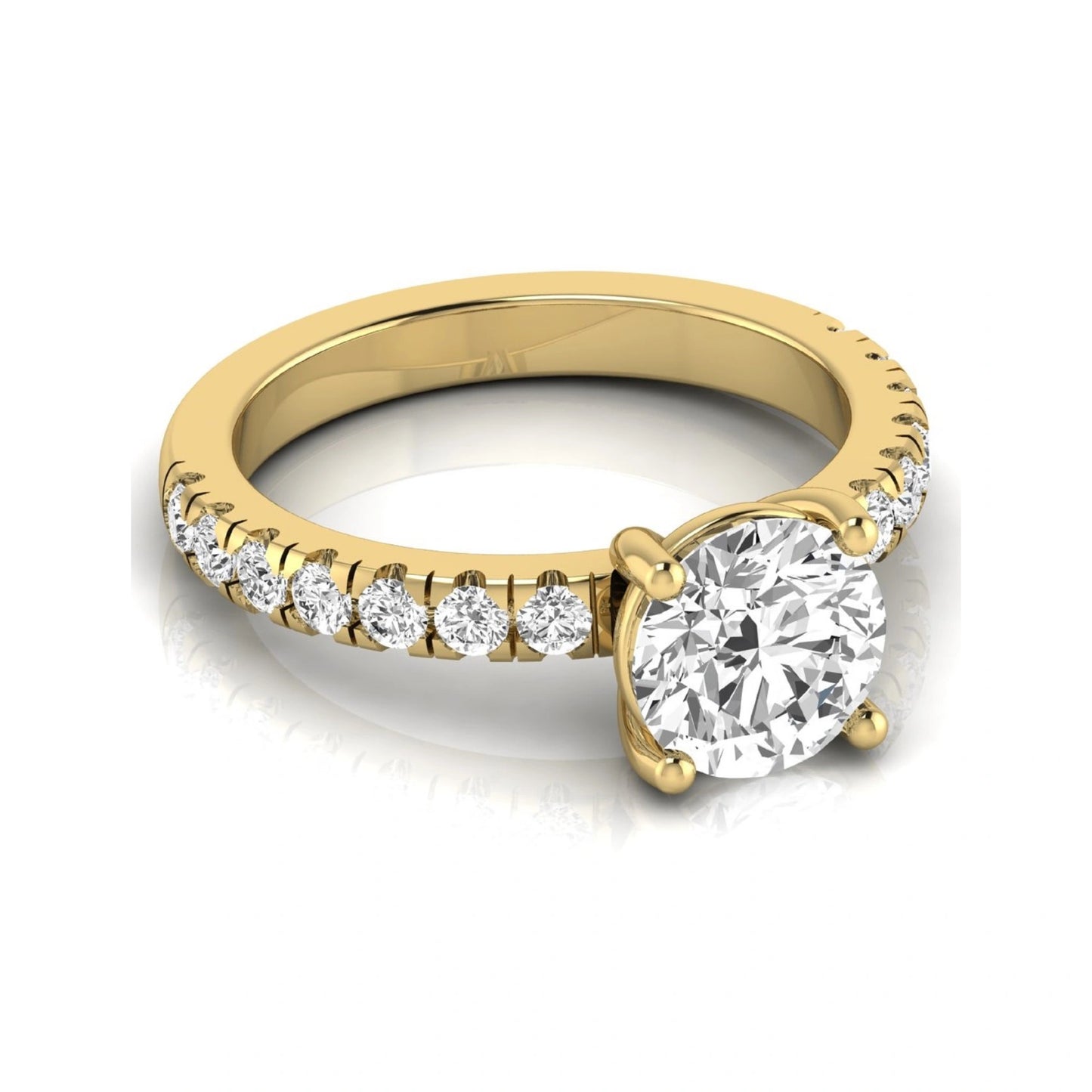 Round lab grown diamond pavé engagement ring featuring a 2.04 carat IGI certified round brilliant center diamond with round pavé side diamonds in yellow gold.