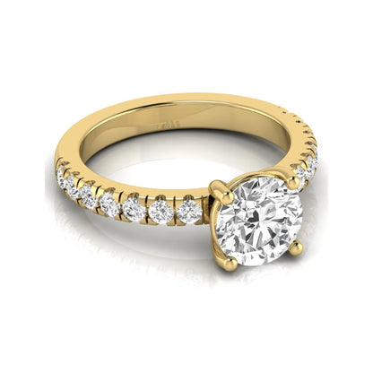 Round lab grown diamond pavé engagement ring featuring a 2.04 carat IGI certified round brilliant center diamond with round pavé side diamonds in yellow gold.