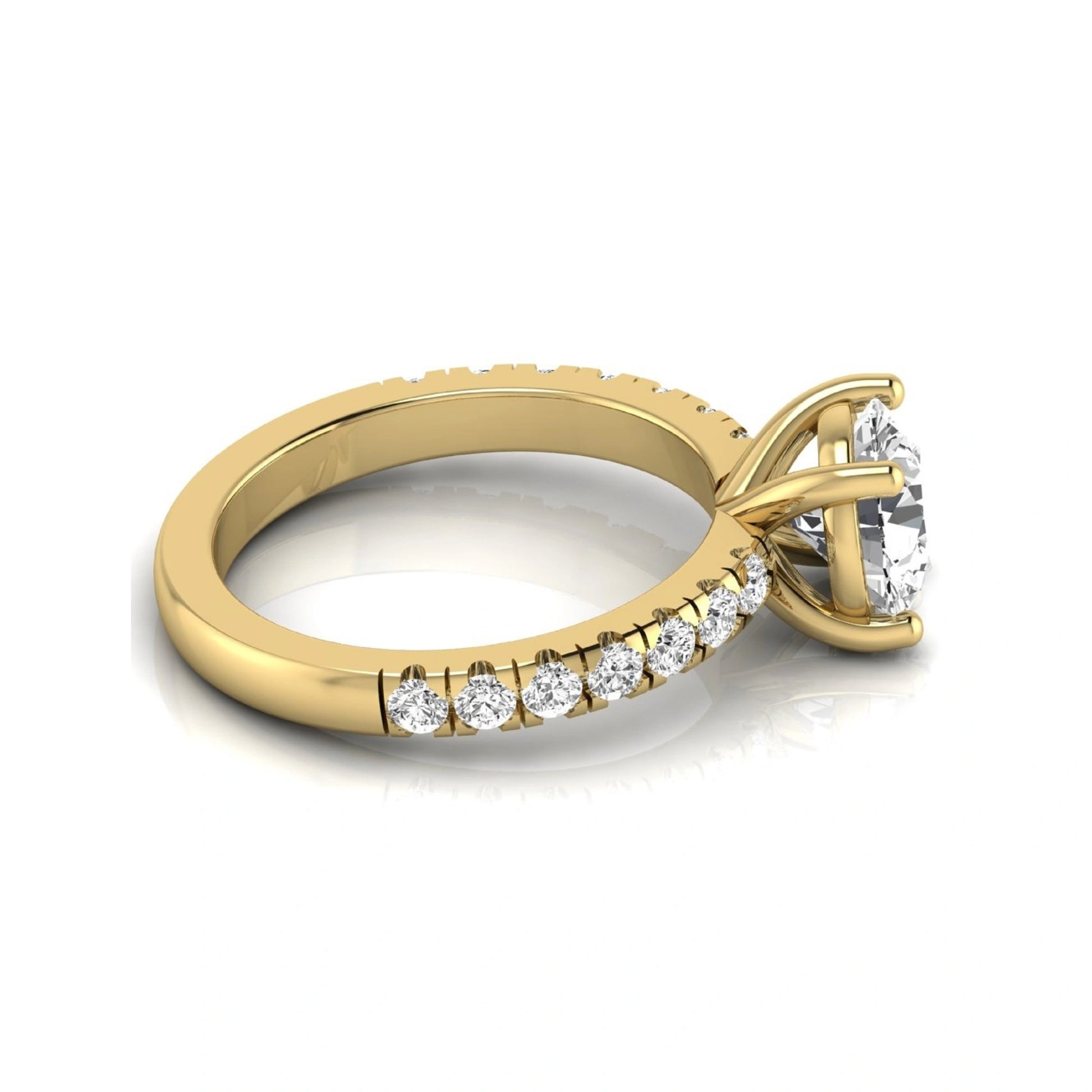 Round lab grown diamond pavé engagement ring featuring a 2.04 carat IGI certified round brilliant center diamond with round pavé side diamonds in yellow gold.